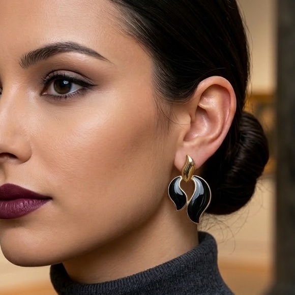 Trifari Jewelry - Elegant Black and Gold Wave Drop Earrings - Women Jewelry